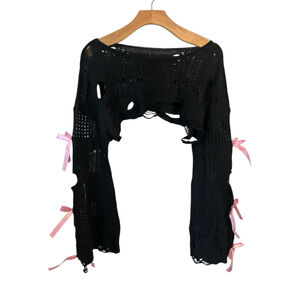 Beaudrm Micro Shrug Womens Size Size XL Black Open Knit Pink Bows Long Sleeve